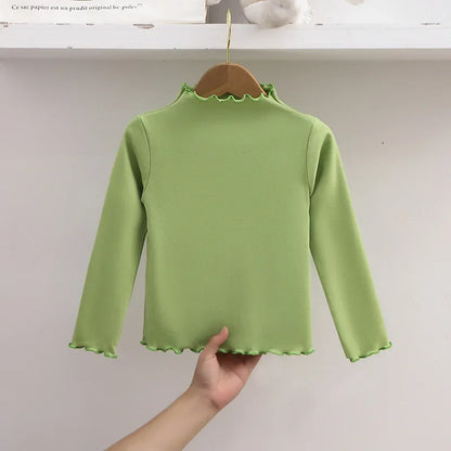 Autumn Winter Fashion Girl Long Sleeve T-Shirt with Ruffle Edges for Kids Soft and Warm Solid Color Children Casual Clothes Tops