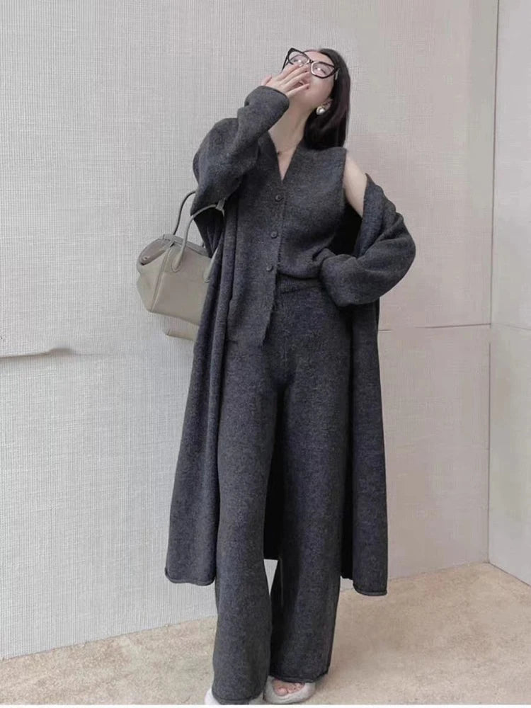 Loose Knitted Suit Autumn Women Set V Neck Vest Long Sweater Coat + Wide Legs Pants Suit Female Tracksuit 3 Piece Set Women