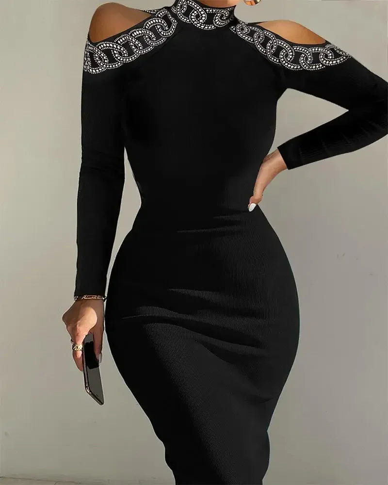 Rhinestone Contrast Mesh Long Sleeve Glitter Bodycon Dress Women Wrapped Long Dresses Slim Fit Sheath Evening Dresses Prom