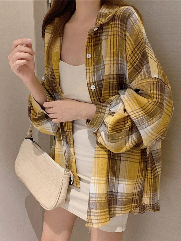 Plaid Shirt Women Autumn Long Sleeve Top Female Vintage Fashion Single Breasted Blouse Ladies Preppy Style Loose Check Shirts