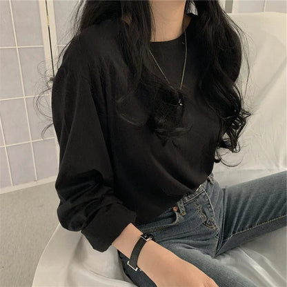 2024 Autumn Korean Fashion T-shirt Women Long Sleeve Winter Y2K Tee Shirt Femme Loose Basic Solid Clothes Women Tops Vintage