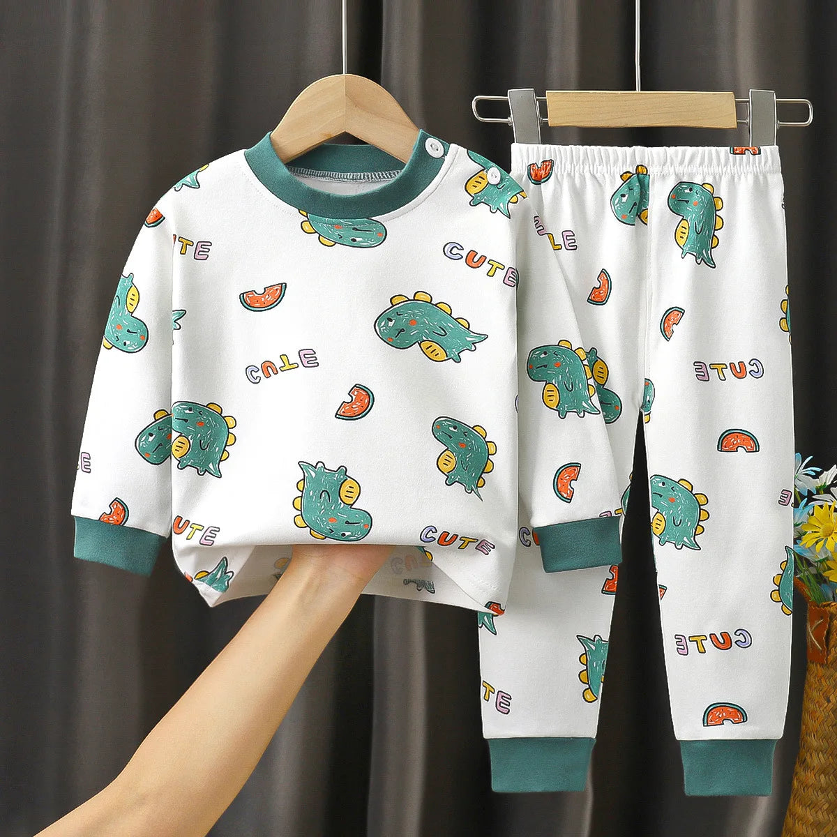 2025 New Kids Autumn Warm Pajamas Baby Boys Girls Cartoon Dinosaur Long Sleeve T-Shirt with Pants Pyjamas Toddler Clothing Sets