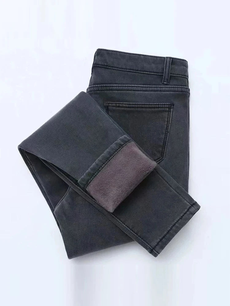 Winter high waist jeans women Thick warm stretch skinny pencil pants Female Simple casual black  trousers