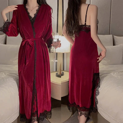 Women Warm Velour Homewear Long Kimono Robe Cami Sleepwear Burgundy Bathrobe Set Sexy Nightgown Winter Robe Suit Loungewear