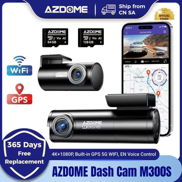 AZDOME M300S Dash Cam 4K+1080P Car Rear Camera Dash Cam 800MP Lens Built-in GPS WIFI Car DVR Voice Control Night Vision