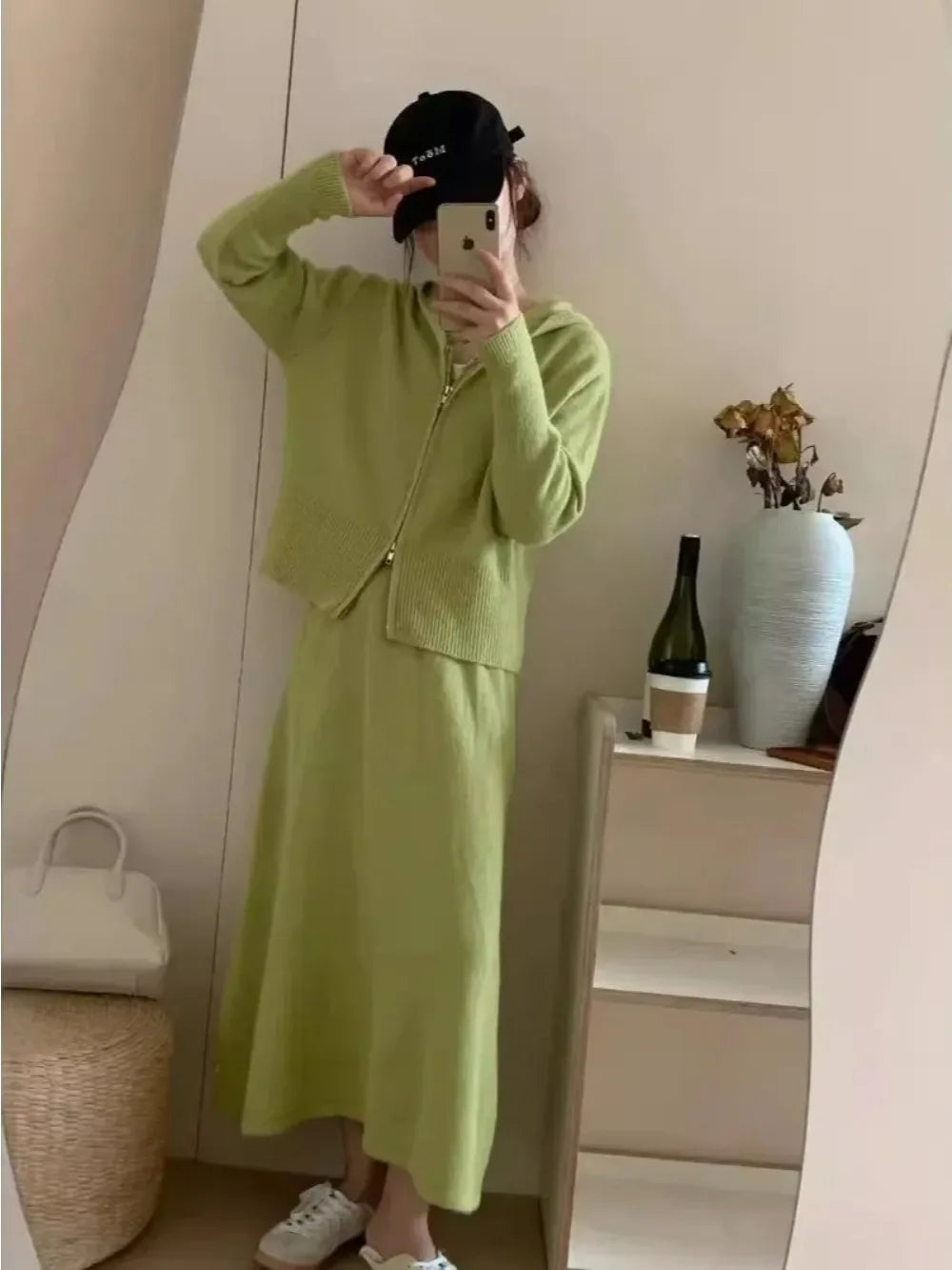 Two Piece Sets Muslim Knitting Skirts Outfits Women Hooded Zipper Cardigan Sweater Long Skirt Suit Knitwear Ensemble Casual