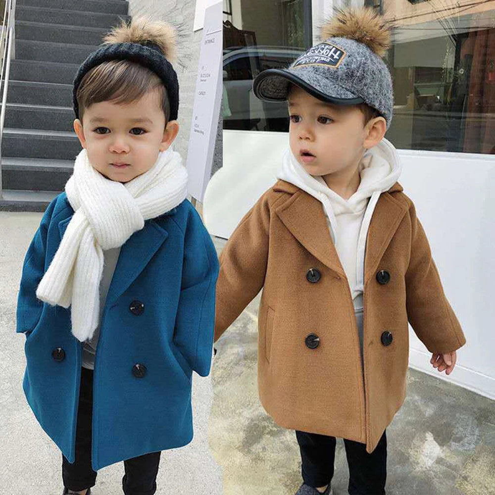 Bear Leader Baby Boys Woolen Jacket Long Double Breasted Warm Infant Toddler Lapel Tweed Coat Autumn Winter Outerwear Coats