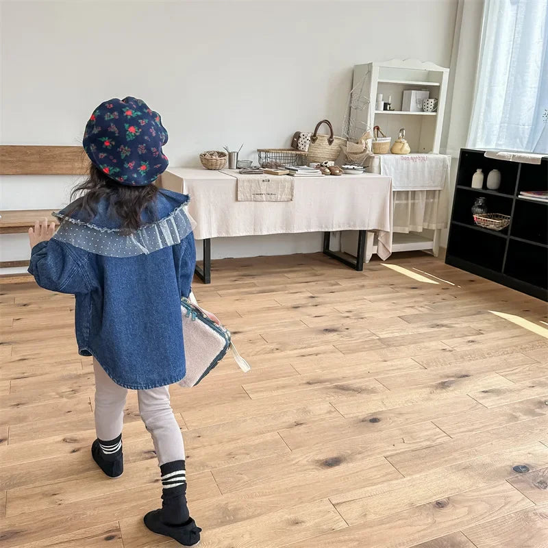 2025 Winter Autumn Little Girls Denim Jacket Korean Style Children's Warm Long Sleeve Coat Tops Kids Lace Blouse Cardigan Jacket