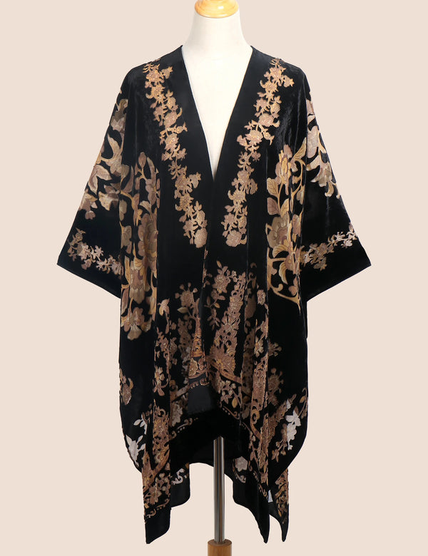 WeHello Women's Burnout Velvet Kimono Bohemian  Long Cardigan Beach Cover-up  Holiday Casual Cardigan Shawl