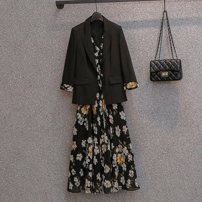 Autumn New Suit Dress Matching Set Women's Casual Blazers Jacket Floral Midi Skirt Two-piece Korean Elegant Suits