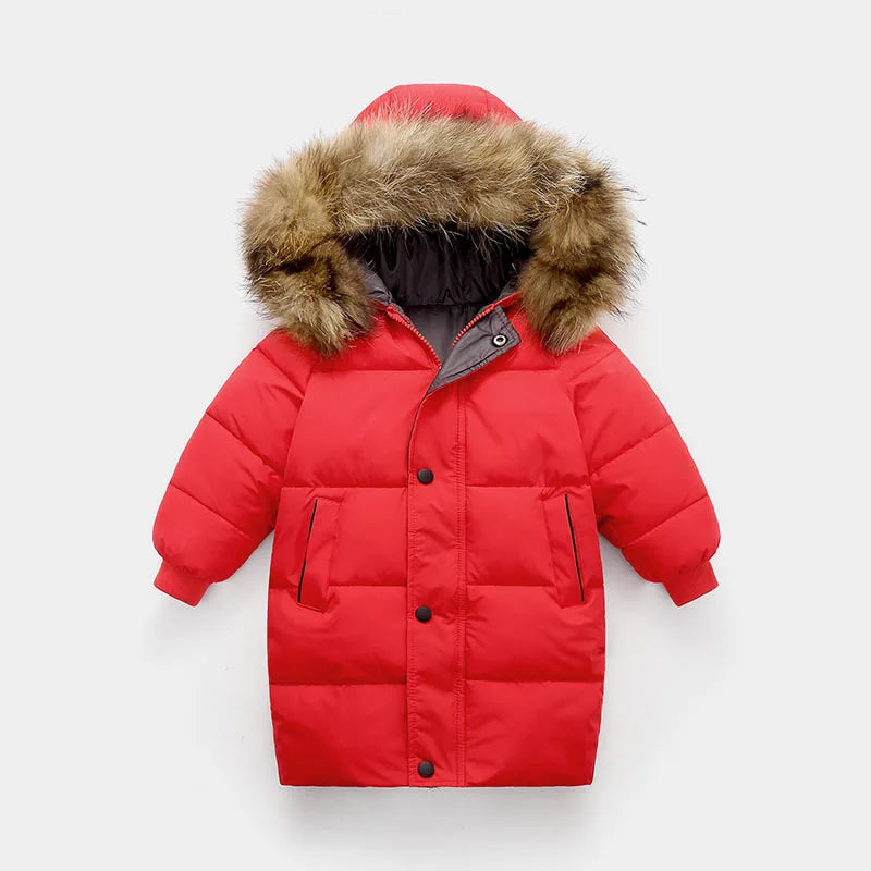 Winter Girls Down Jacket Keep Warm Fur Collar Fashion Little Princess Coat Hooded Boys Long Parkas Outerwear Children Clothing