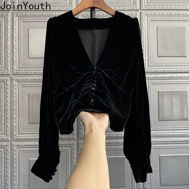 Blusas Mujer De Moda Temperament Black Blouses Women Clothing V-neck Long Sleeve Vintage Tops Tunic Velvet Korean Shirts