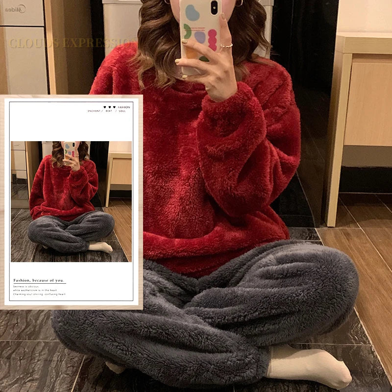 Winter Thermal Fleece Solid Women's Pajama Sets Pyjamas Warm Plush Pjs Loung Sleepwear Girls Pijama Mujer Night Suits Homewear