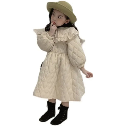 Korean Girls' Dress Winter New Fashionable Plush Thickened Large Lapel Cotton Skirt Children's Little Girl Princess Dress