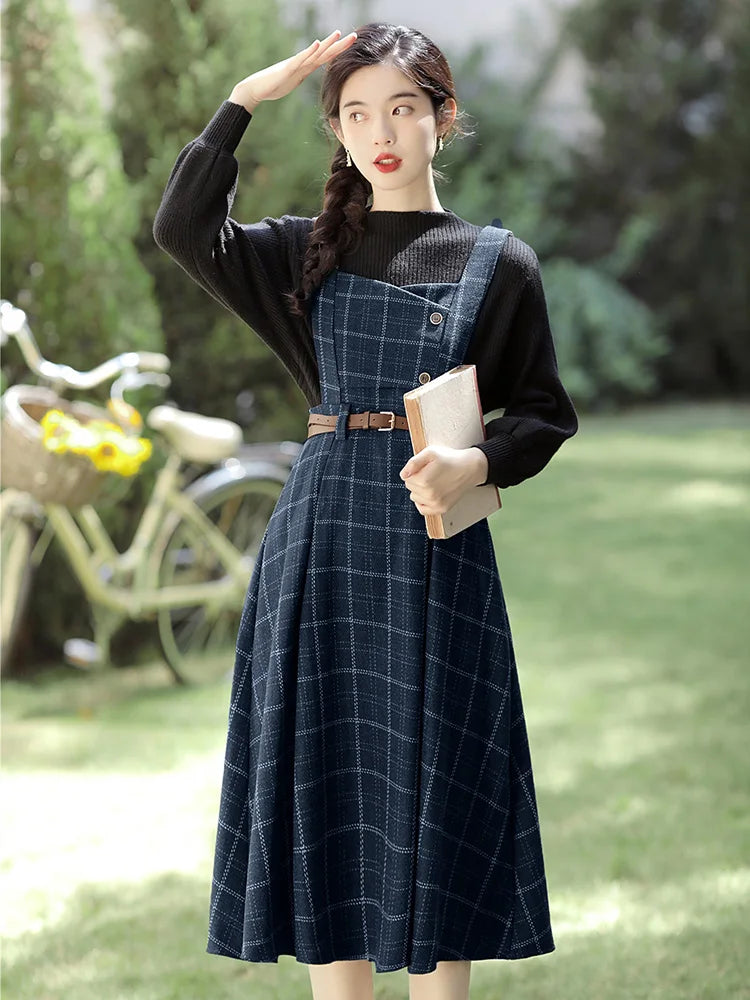 Autumn Winter Plaid Dress Women Spaghetti Strap Woolen Long Dresses With Belt Vintage Party Elegant Vestidos