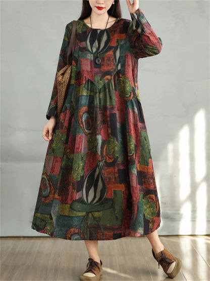 Cotton Vintage Print Floral Dresses 2024 Women Casual Loose Long Sleeve Dress Femme Robe Vestidos Elegant Spring Autumn Clothing