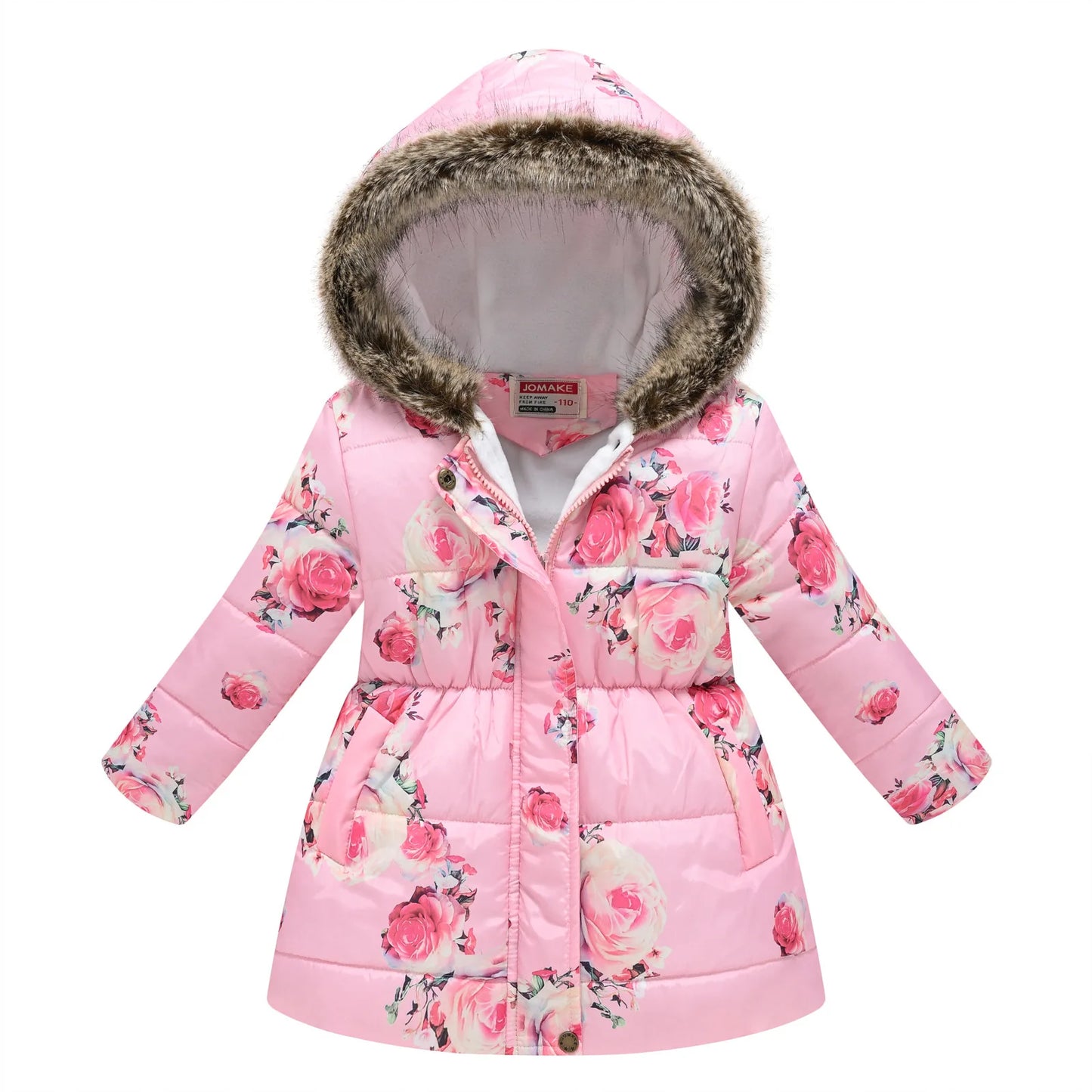 Autumn Winter Girls Jacket Keep Warm Fur Collar Fashion Prints Little Princess Coat Hooded Zipper Girls Outerwear Kids Clothes