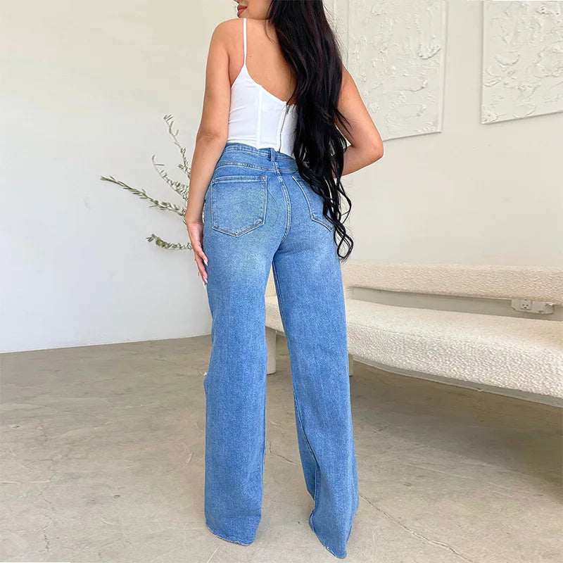 Women Jeans Wide Leg Pants Denim High Waist Zipper Fly Washing Holes Pockets High Street Ankle Length Flash Spring