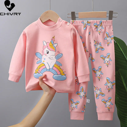 2025 New Kids Autumn Warm Pajamas Baby Boys Girls Cartoon Dinosaur Long Sleeve T-Shirt with Pants Pyjamas Toddler Clothing Sets