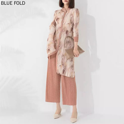 MIYAKE Pleated Autumn Fashion Suit Women Printed Mid-length Stand-up Collar Single-breasted Top Straight Pants Two-piece Set