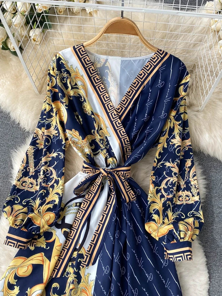 ZCWXM Spring Bohemian Women Maxi Dresses A-LINE Puff Sleeve V-Neck Long Rebe Female Fashion Evening Ankle-Length Dresses