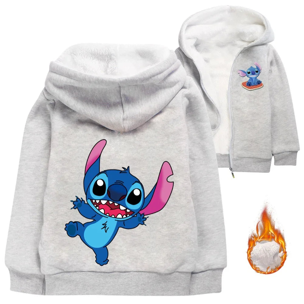 Kid Baby Boy Girl Coat Autumn Winter Long Sleeve Plush Hoodies Cartoon Stitch Print Children Sweatshirt Clothes Thick Top Outfit