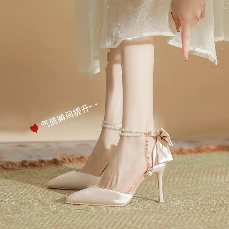 Slimming Shoes Casual Heels Shallow Mouth Sandals Ladies Pointed Pumps Hollow 2025 All-Match Comfortable Beige African Bow Toe