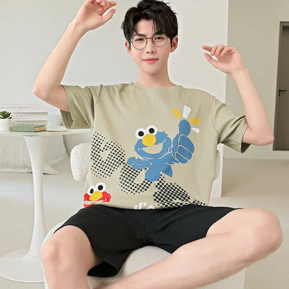 2025 Summer Men’s Sleepwear Cotton Cartoon Pajamas Sets For Man Short Loungewear Young Home Wear Fasion Student Pyjama Set Homme