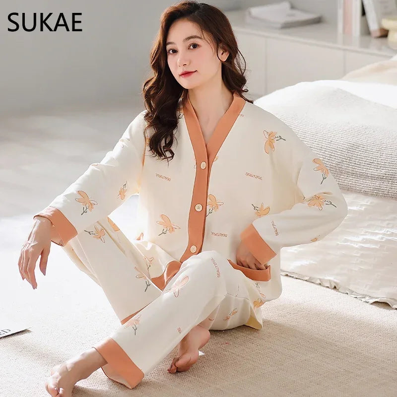 SUKAE New M-5XL Autumn Winter New Cotton Women Pajamas Lady Loungewear Kimono Cardigan Long Sleeves V-neck Homesuit