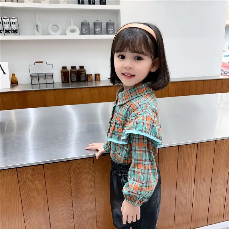 Spring Autumn New Plaid Harajuku Kawaii Girls Blusa Fashion Blouse All Match Chic Children's Shirt Flounce Long Sleeve Kids Tops