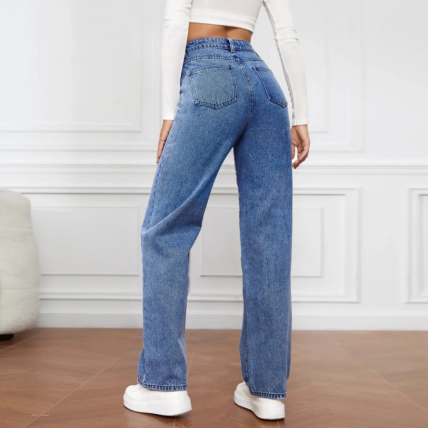 Women Jeans Straight Pants Denim Washing High Waist Loose Fit Pockets Basics Ankle Length Pants Solid Color Slight Strech