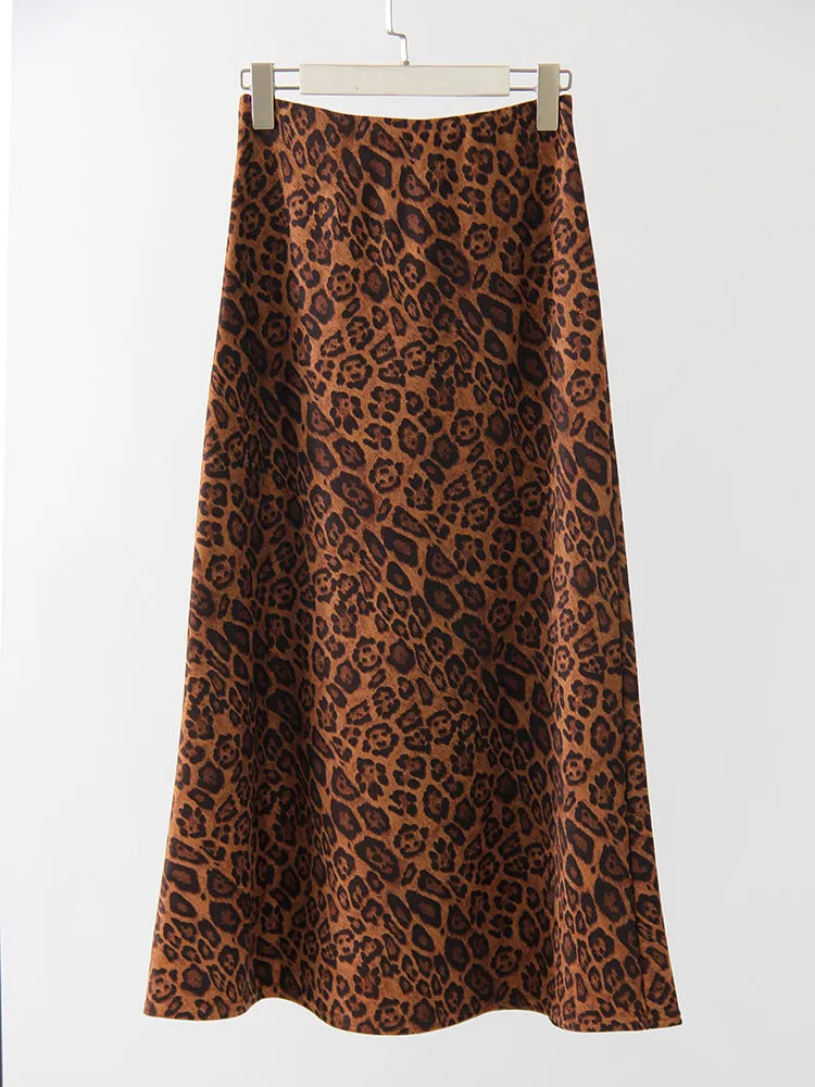 Winter Leopard Print Suede Skirt Long Women Autumn Vintage A Line Brown Maxi Skirts For Women Winter Warm Suede Leopard Skirts