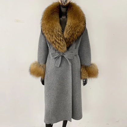 Wool Coat Women New Autumn Winter Real Fox Fur Jacket Female Long Warm Natural Fox Fur Collar Fur Cuffs