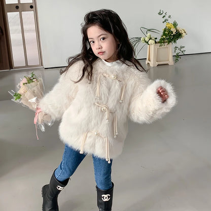 Little Girl Pink Faux Fur Jacket Coat Warm Winter Autumn Thick Fleece Outwear Fashion Kids Plush Outerwear Toddler Child Clothes