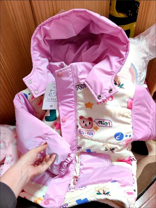 Winter Baby Girl Outerwear Coat Waterproof cloth Velvet Warm Kid Snowwear Jacket Thicken Cartoon Bear Little Girl Hooded Parka