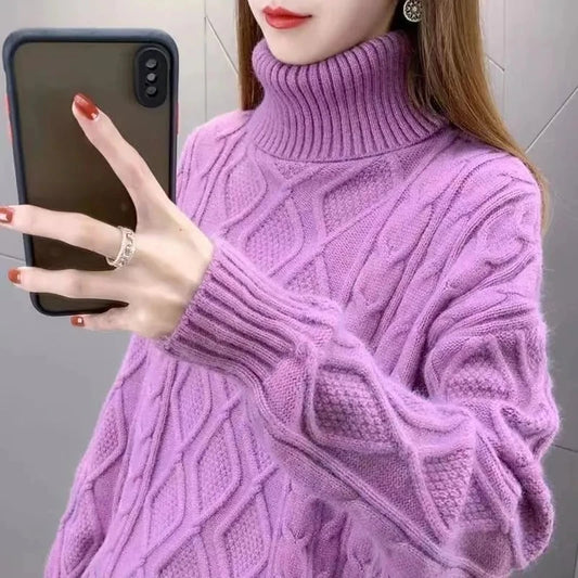 Women's Turtleneck Sweater Fall Winter New Loose Warm Knit Pullover Tops Candy Colors Knitwear Jumper Korean Soft Casual Poleras