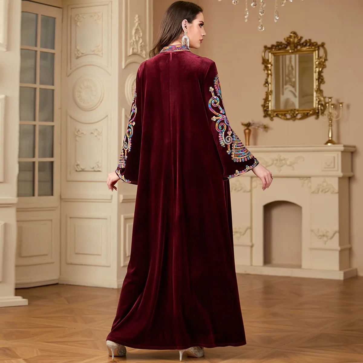 Sequin Embroidery Abayas for Women Eid Muslim Maxi Dress Dubai Kaftan Long Sleeve Winter Velvet Jalabiya Islam Clothing Vestidos