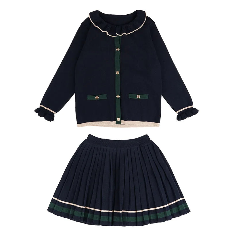 New Winter 2024 Girls sweater suits 2 3 4 5 6  little girl Knit Cardigan jacket + Pleated Skirt baby kids college Navy Blue Set