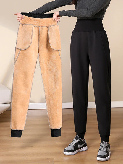 Women Pants Warm Winter Thick Lambskin Cashmere Pants High Waist Black Harem Long Trousers Wool Cold Resistant