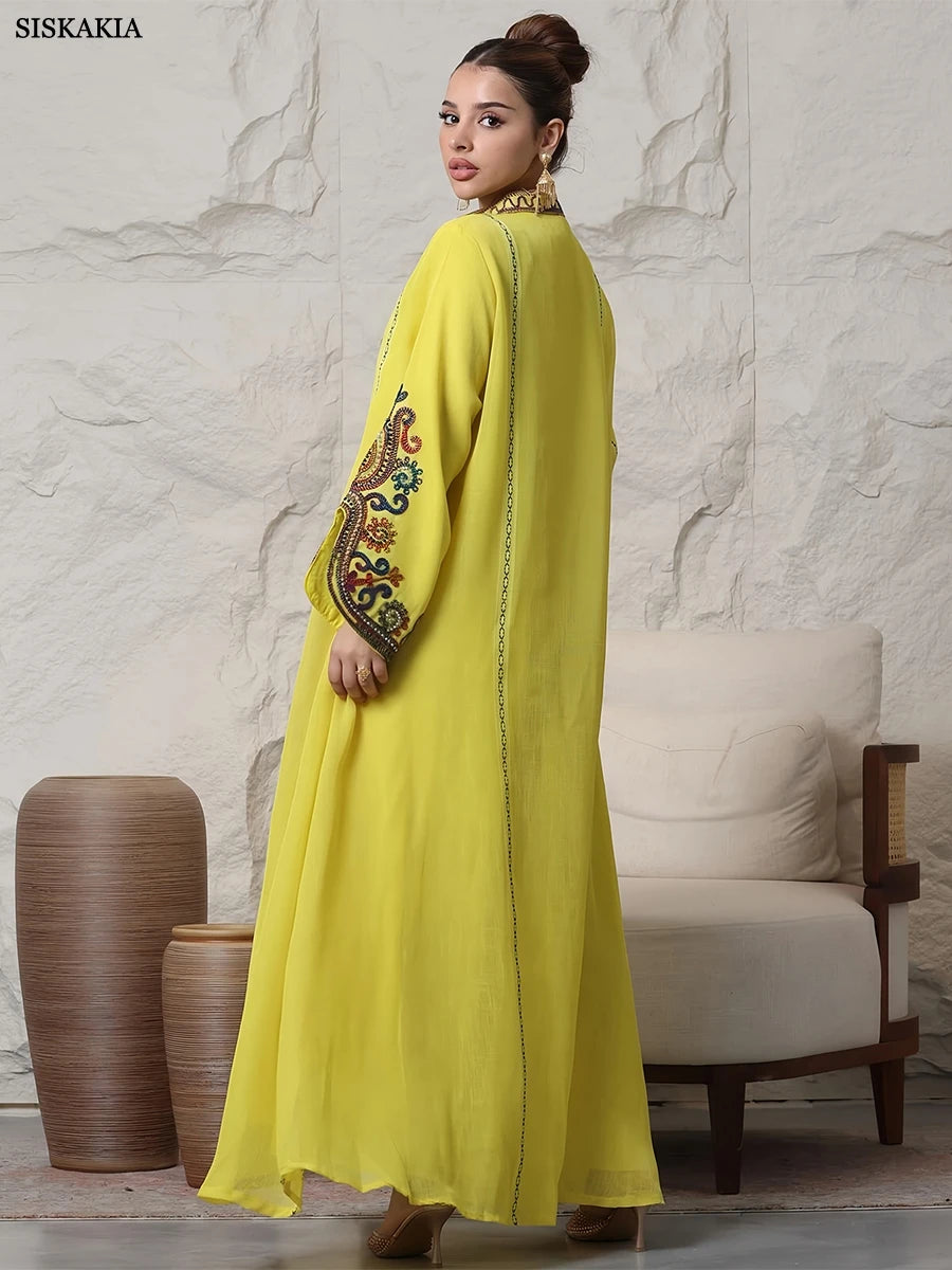 Siskakia Embroideried Luxurious Women's Evening Dress With Long Sleeves V-Neck Fashion Elegant Abayas With Belt Marocain Femme