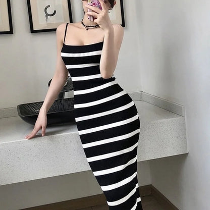 Pullover Knitting Camis High Waist Midi Sleeveless Dress Sheath Vestidos Sexy Women Rib Stripped Maxi Spaghetti Strap Robe Mujer