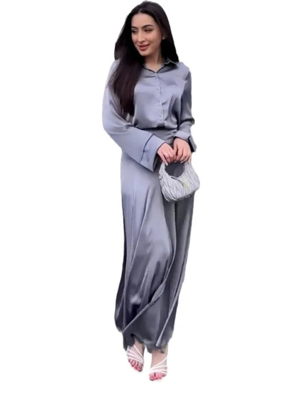 Muslim Women Two Piece Skirt Sets Full Sleeve Shirts Button High Waist A Line Long Skirts Slim Fit Solid Splice Autumn