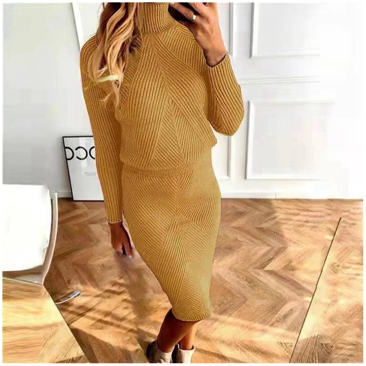 Winter Elegant Women'S Sets Korean Large Knitted Turtleneck Y2k Pencil Skirt Sets 2 Piece Outfit Office New In Matching Sets