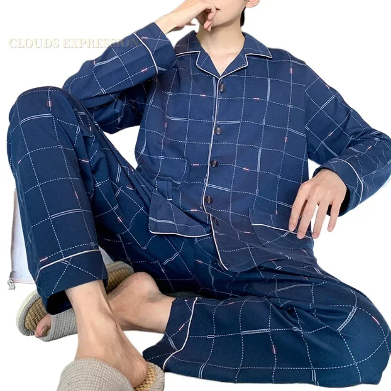 Spring Autunm Plus 5XL Knitted Pjs Turn-down Men‘s Pajama Sets Cardigan Male Pyjamas Plaid Loungewear Sleepwear Homewear Fashion