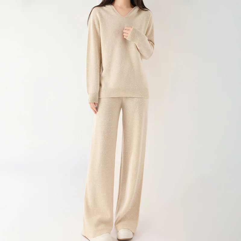 New women's set 100% wool knitted pullover hooded sweater comfortable long leg wide leg pants autumn and winter Ladies' two-piec