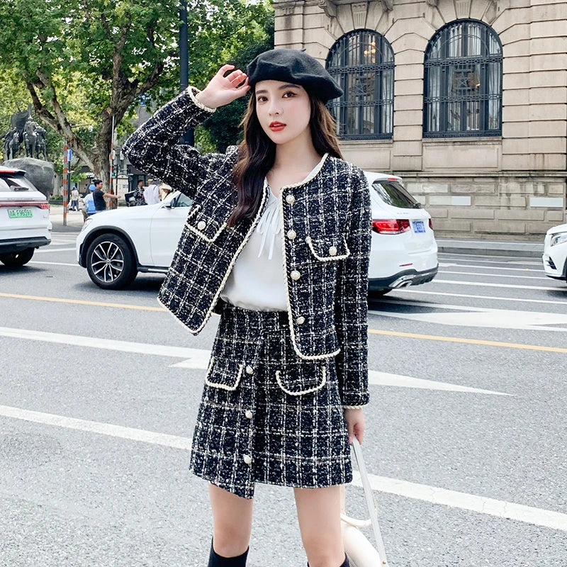 New Runway Tweed Suit Women Pearls Bottons Plaid Short Jacket Coat + Split Mini Skirts Vintage Wool Cashmere Two Piece Set