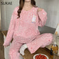 SUKAE Pink Puppy Printing Women Sleepwear Korean New Pajamas Set O-neck Long Sleeve Pijamas Autumn Spring Faux Cotton Nightwear