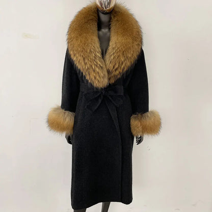 Wool Coat Women New Autumn Winter Real Fox Fur Jacket Female Long Warm Natural Fox Fur Collar Fur Cuffs