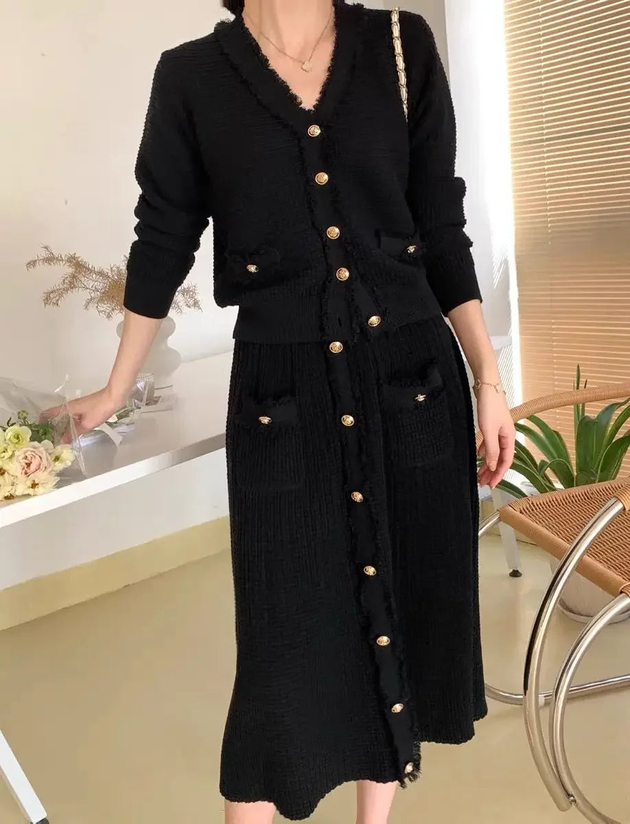 Autumn Winter Cashmere Two Pieces Sets Women V-Neck Buttons Knitted Cardigan Elastic Slim Basics Skirt Fashion Sweater Suits