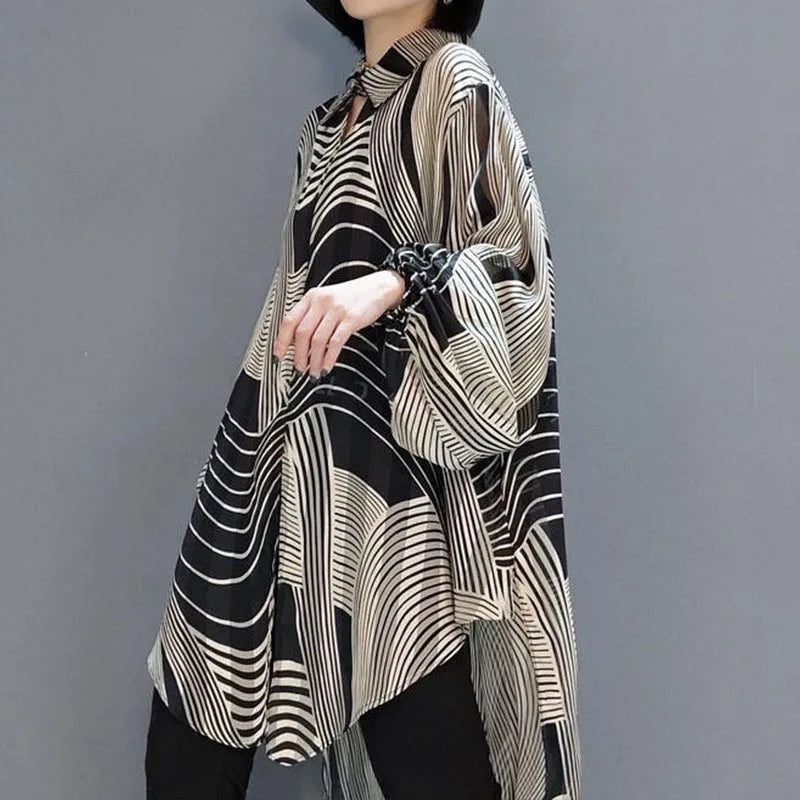 Oversized Striped Chiffon Summer Shirt Women Blouse 2025 Holiday Style Ladies Casual Sunscreen Loose Large Shirts 4XL Tops